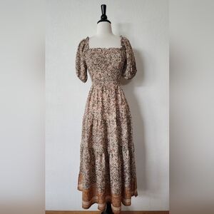 Floral Smocked Bodice Maxi Dress in Brown
